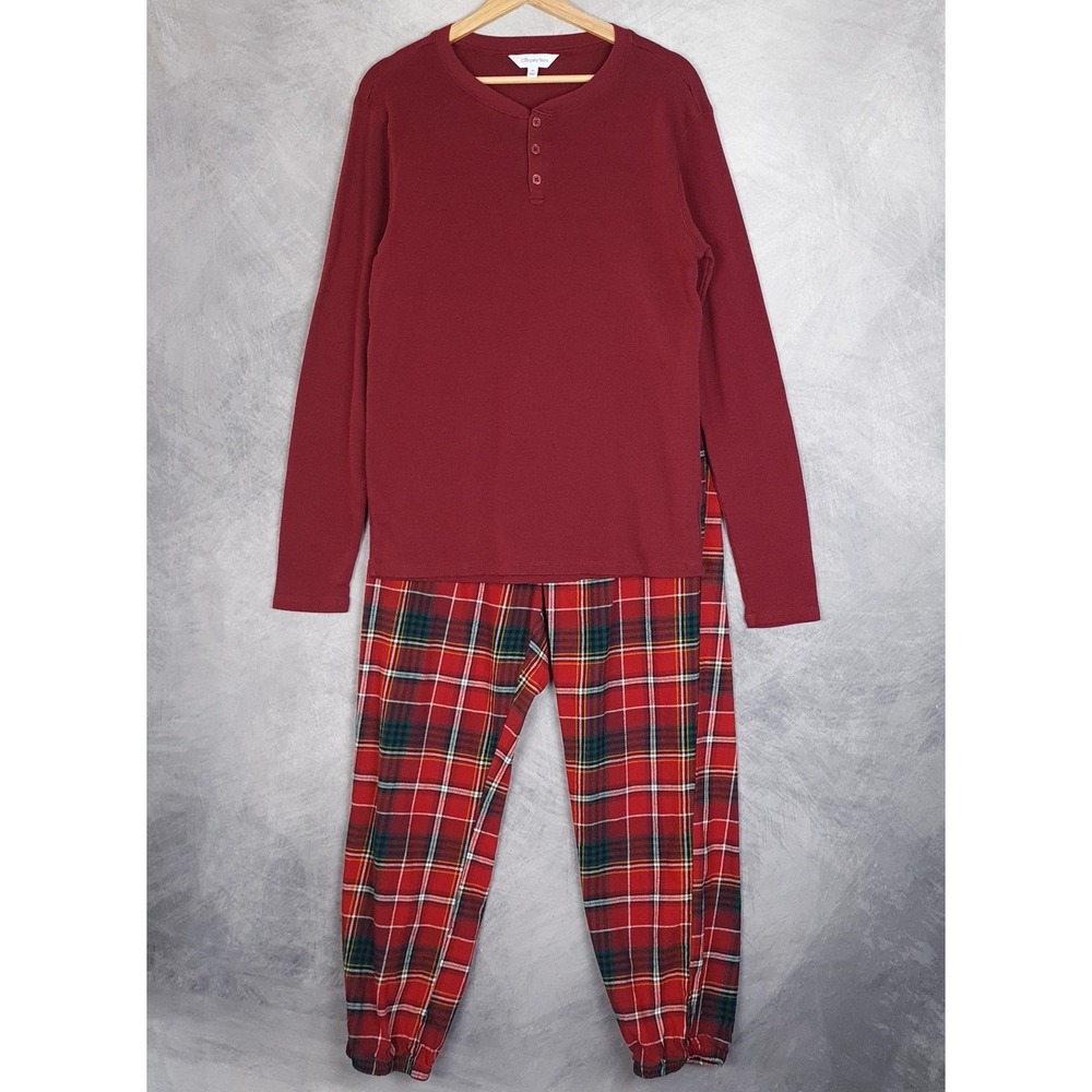 The Company Store Pajama Set Mens Medium Red Plaid Flannel Henley Shirt Pants